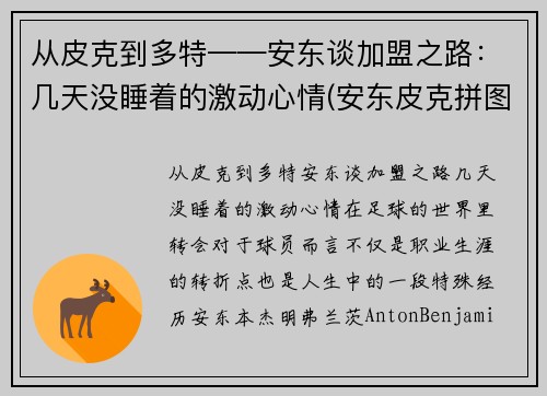 从皮克到多特——安东谈加盟之路：几天没睡着的激动心情(安东皮克拼图)